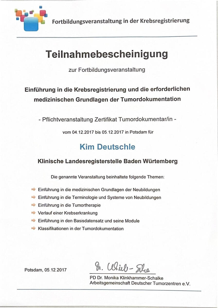 Zertifikat Einführung in die Krebsregistrierung und die erforderlichen medizinischen Grundlagen der Tumordokumentation