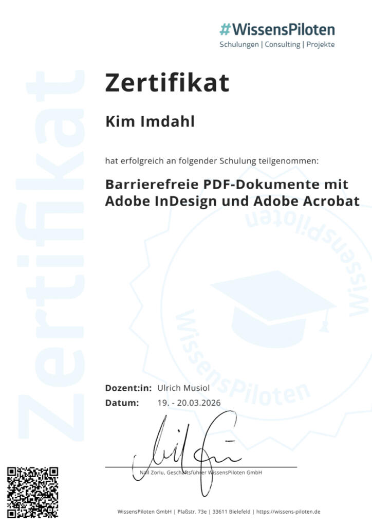 Zertifikat Barrierefreie PDF-Dokumente mit Adobe InDesign und Adobe Acrobat
