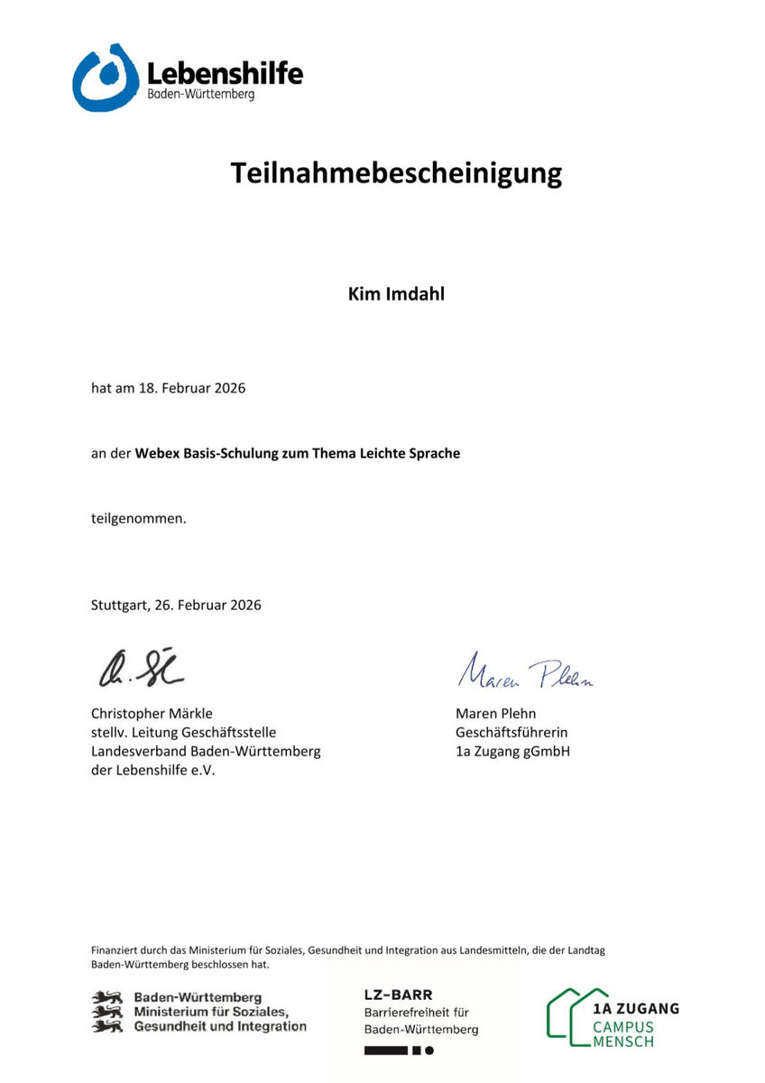 Zertifikat Basisschulung zum Thema Leichte Sprache