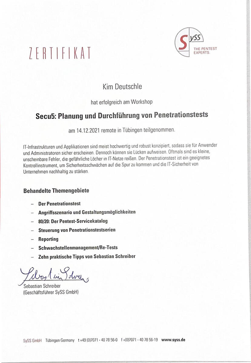 Zertifikat Secu5: Planung und Durchführung von Penetrationstests